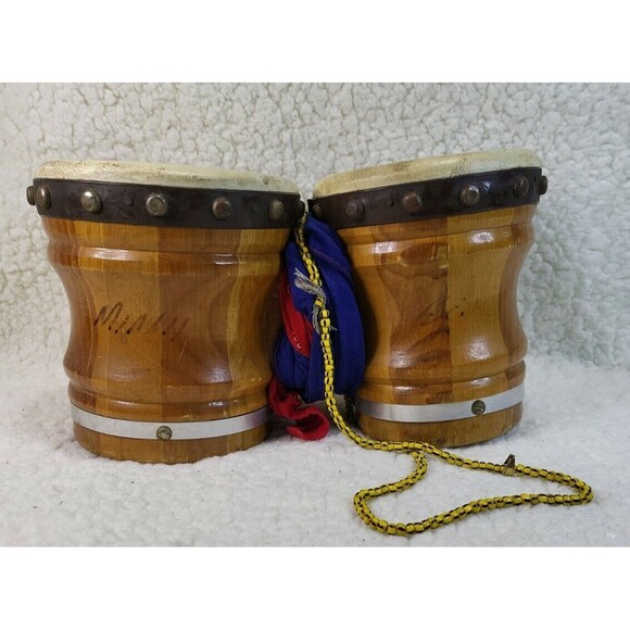 Vintage Double Connected Wooden Bongos Hand Drums Percussion Music Instrument - Picture 1 of 6
